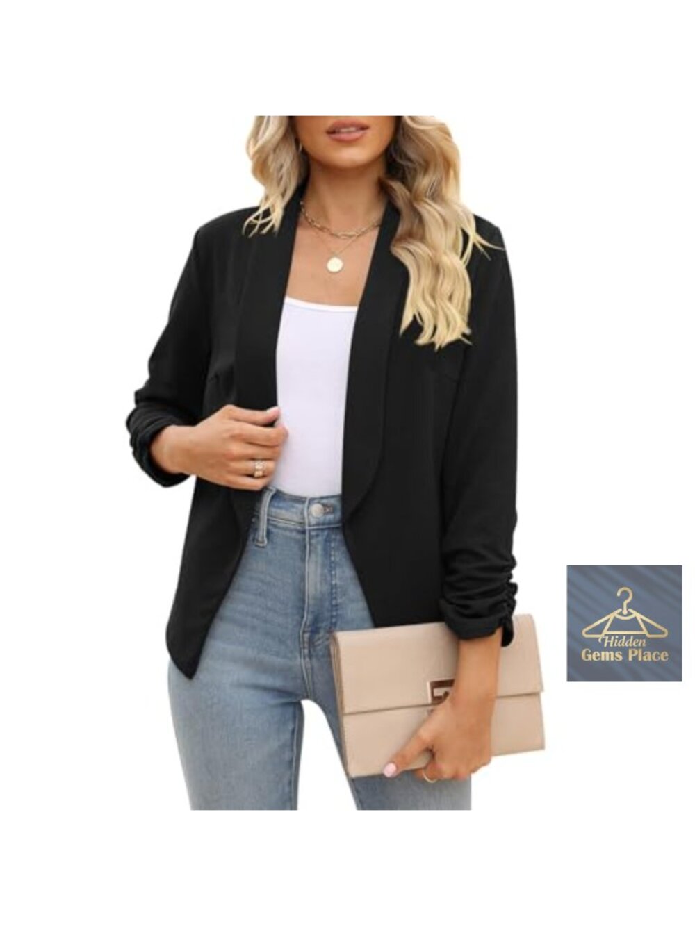 Women's 3/4 Sleeve Ruched Shawl Collar Open Front Blazer Business Casual Work
